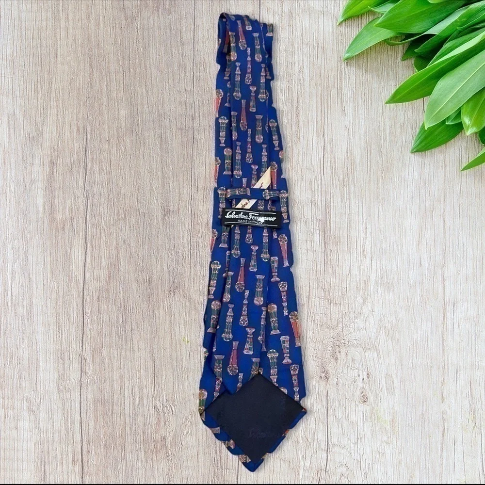Vtg 90s Salvatore Ferragamo Silk Tie Ornate Columns Print Blue Combo